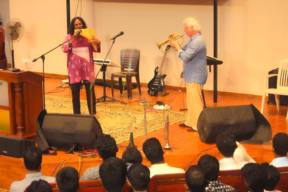 Well-known Indian gospel musician, Benny Prasad, joins in a panpipe-and-trumpet duet with Fletch Wiley at India Bible College and Seminary.