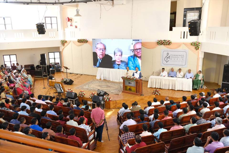 Dedication of the Cummings School of Muasic at IBC in 2022, joined on Zoom from the US by Glen, Velora and Coby Cummings. Also joining them but not pictured here was Shelby Cummings. Worship and the musical arts are their passion.